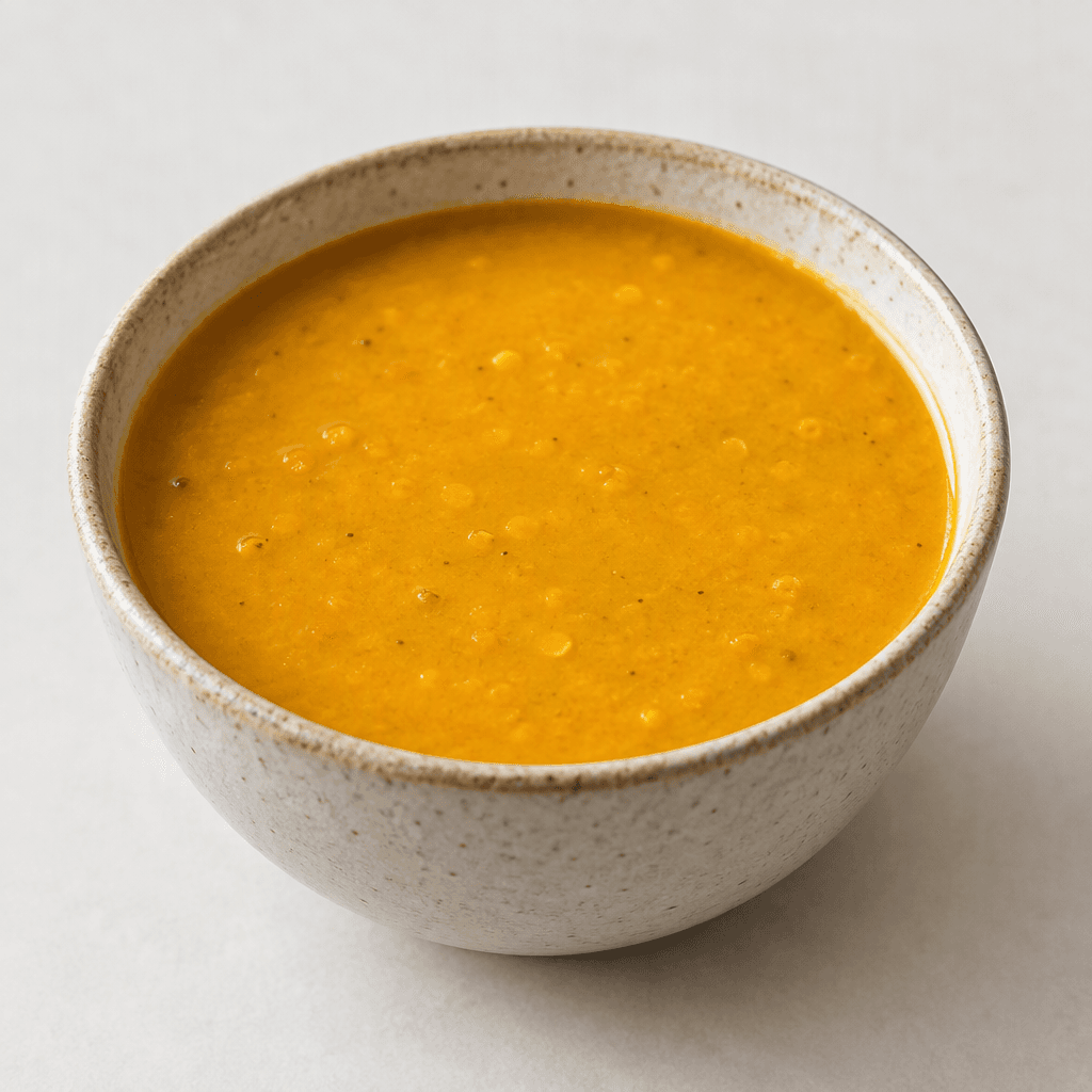 A small serving of thick, smooth golden-orange lentil soup sits in a bowl, with a few tiny lentil flecks visible on its surface.