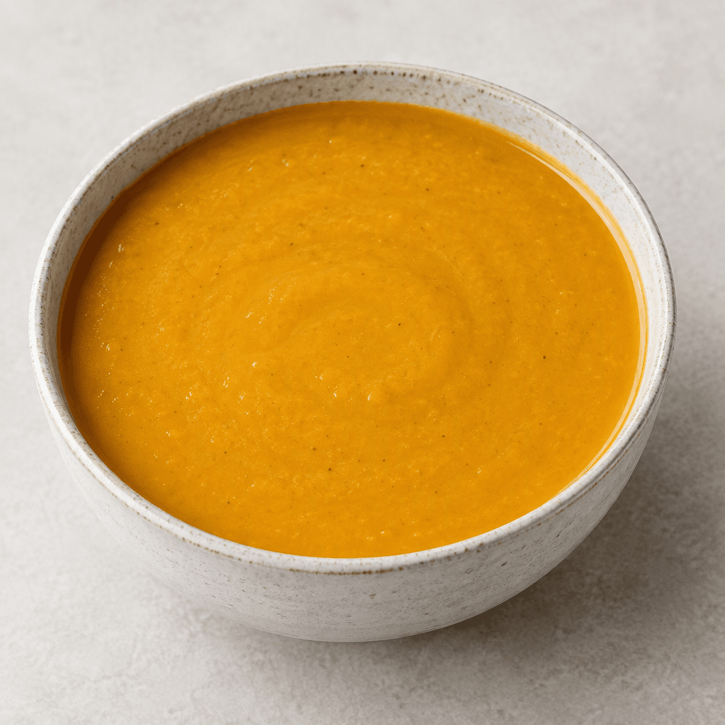 A bowl of smooth, thick golden-orange lentil soup with a velvety surface, served plain with no visible toppings or garnish.
