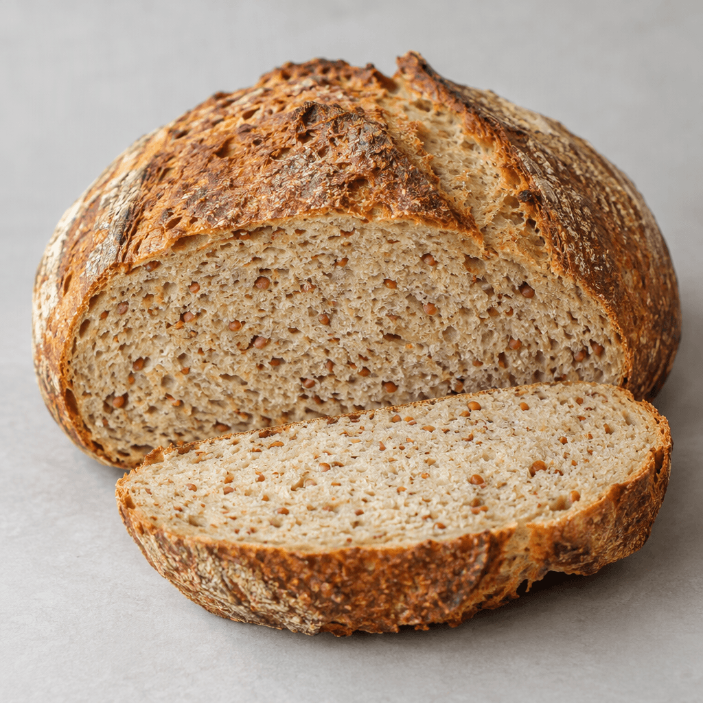 A rustic, squat oval loaf with a deeply golden-brown, slightly cracked crust and a dense pale beige interior visible in a thick slice, dotted with tiny reddish-brown lentil flecks.