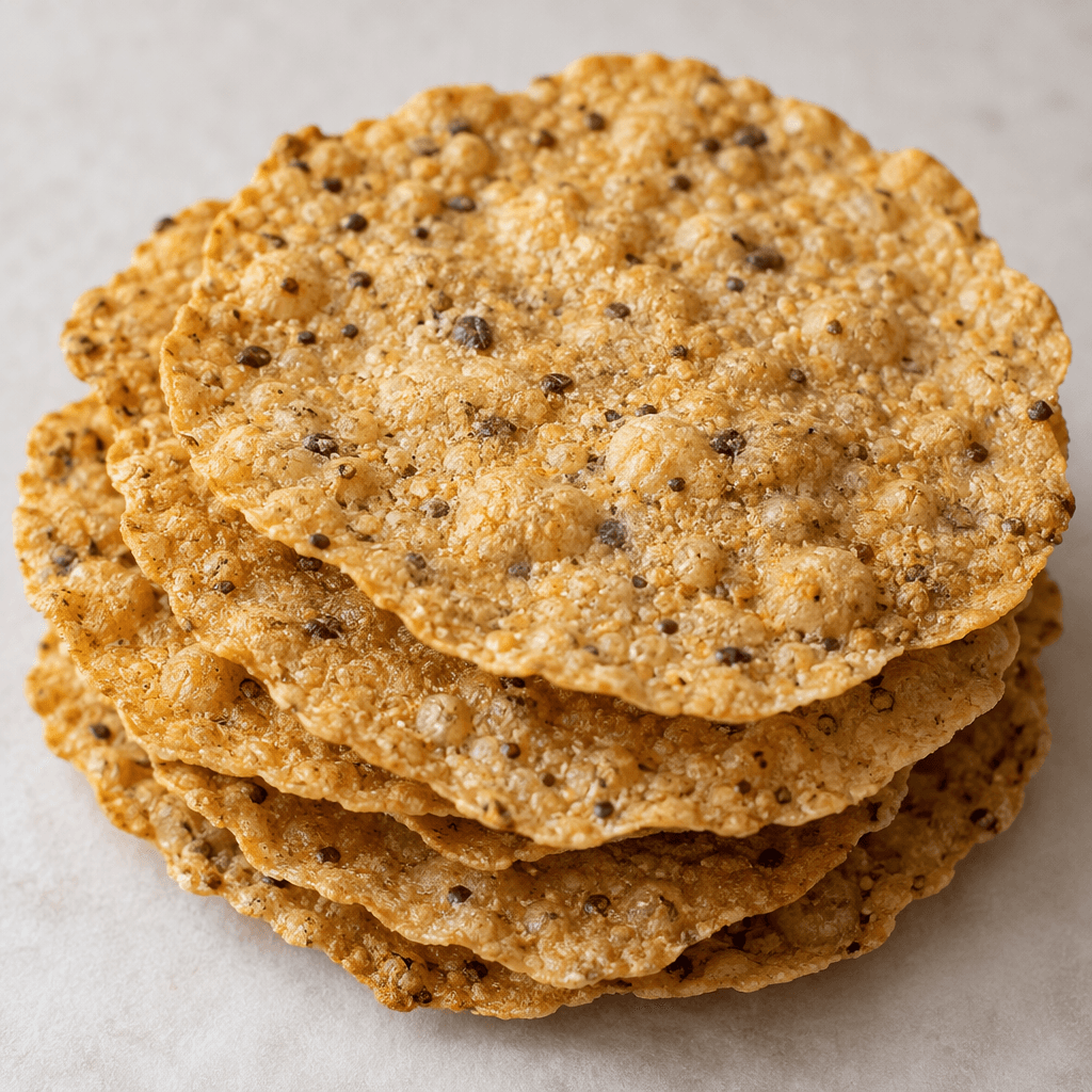 Thin, flat, irregularly round lentil crackers with a golden-tan surface, tiny darker flecks, and a lightly bubbled, crisp-looking texture are arranged in a small overlapping stack.