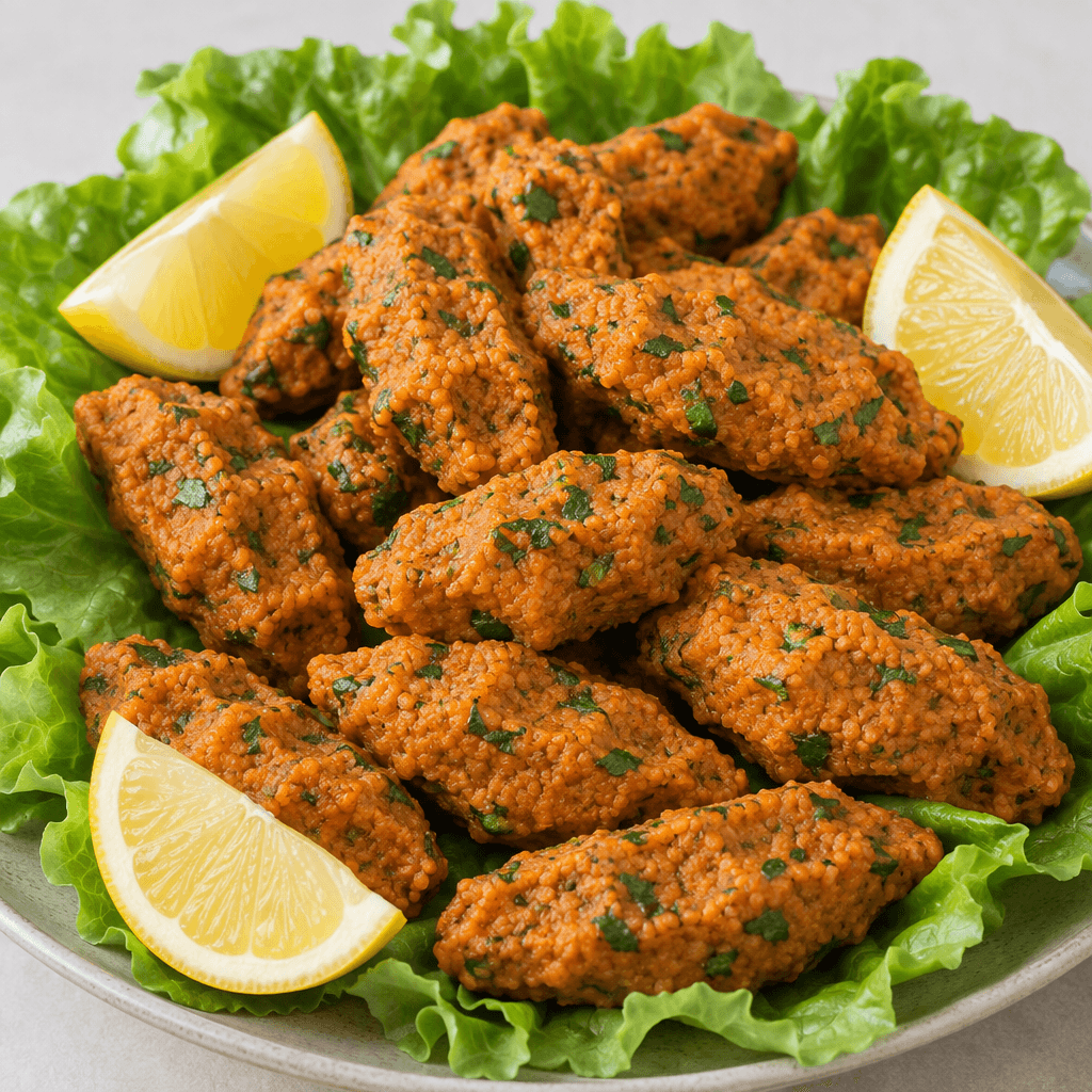 Turuncu-kırmızı mercimek ve ince bulgurdan yapılmış, elde şekillendirilmiş küçük ve uzun oval parçalar; üzerleri doğranmış yeşilliklerle benekli, marul yaprakları ve limon dilimleri üzerinde servis ediliyor.