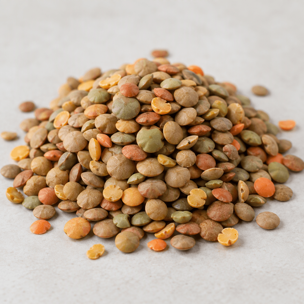 A small mound of uncooked lentils, made up of tiny flat, round-to-oval lens-shaped seeds in muted tan, brown, green, and reddish-orange tones, with smooth matte surfaces and a few split pieces scattered around it.