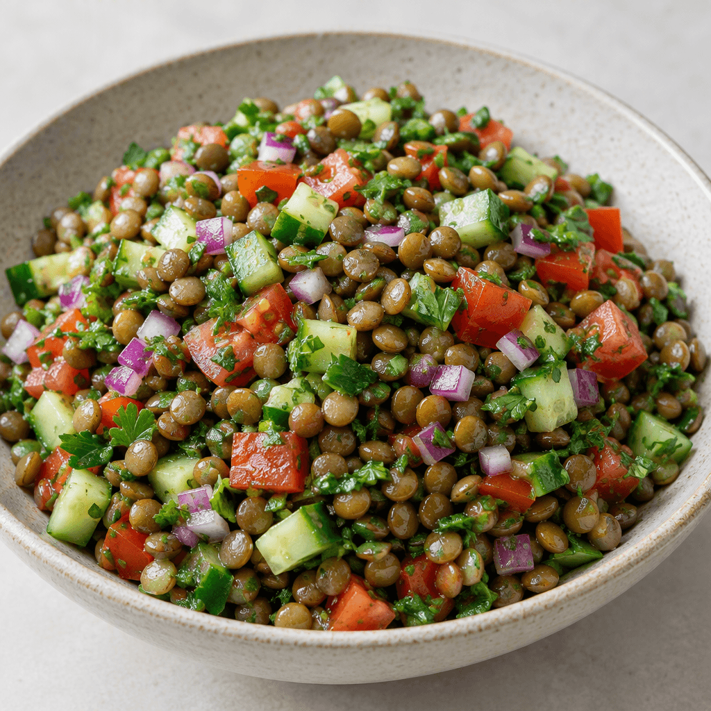 A mound of green-brown lentils mixed with finely diced red tomatoes, cucumber, red onion and chopped parsley, with the ingredients glistening lightly and served in a shallow bowl.