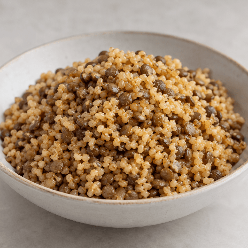 A mound of fluffy, coarse golden-brown bulgur mixed with small, dark brown lentils, served in a shallow bowl with distinct grains and lentils visible throughout.