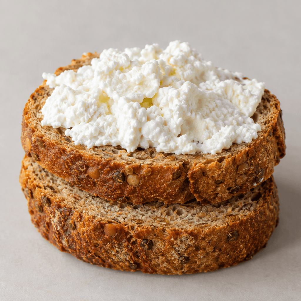 Thick slices of golden-brown lentil bread with a dense, lightly speckled crumb are topped with soft white curd cheese.
