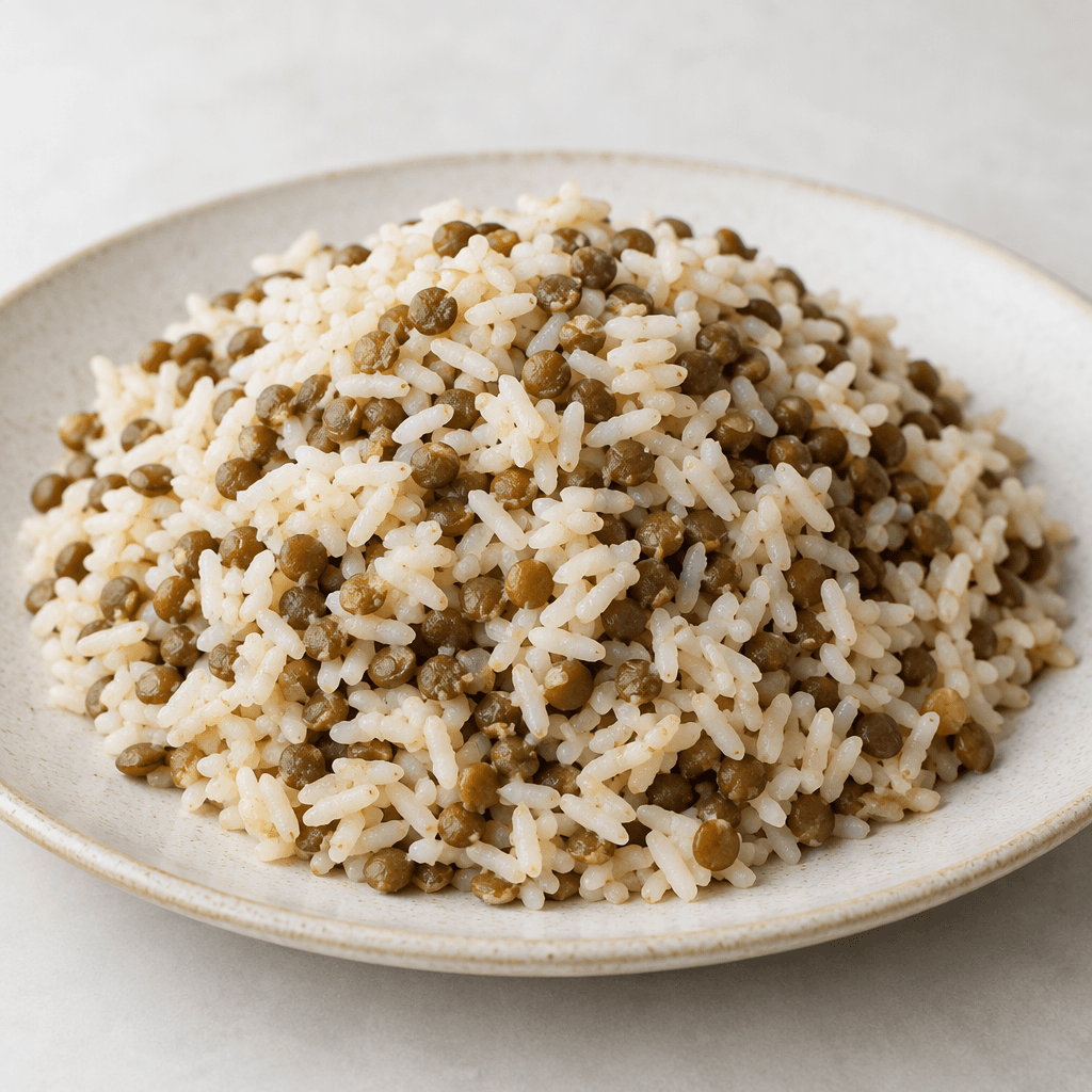 A mound of fluffy, separate rice grains mixed with small brown-green lentils, creating a beige and earthy brown speckled surface on a serving plate.