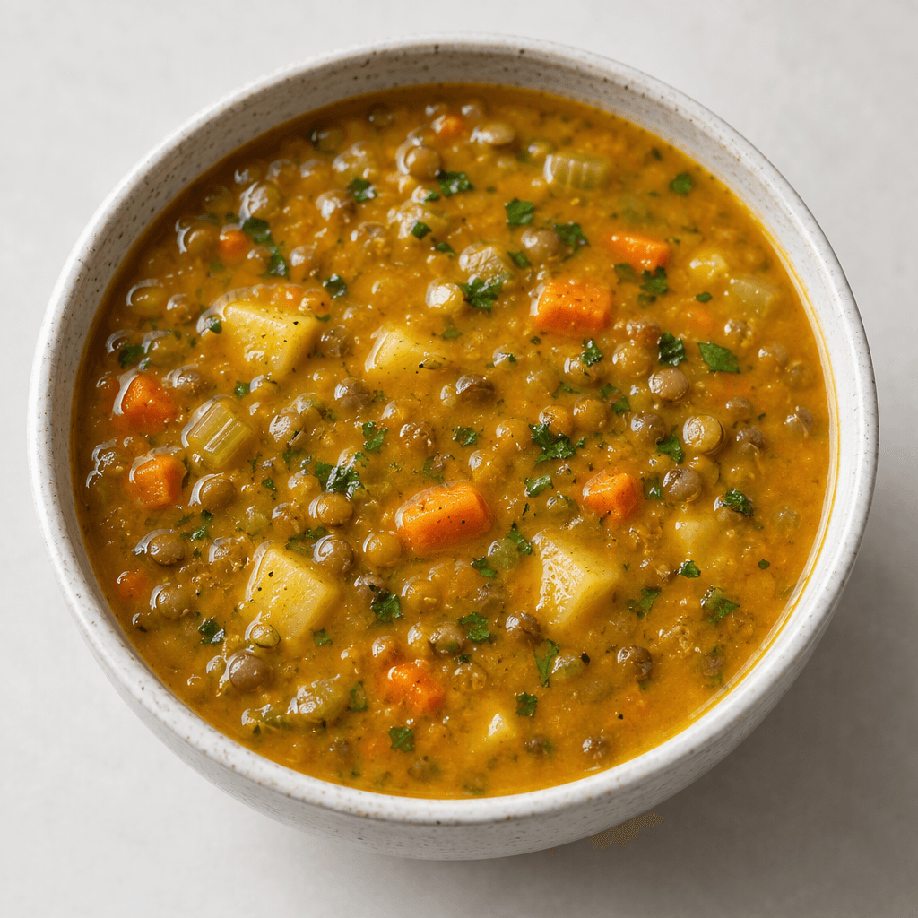 A bowl of thick golden-orange lentil soup with visible green and brown lentils, small diced carrots, potatoes and celery, flecks of green herbs, and a smooth, slightly glossy surface.