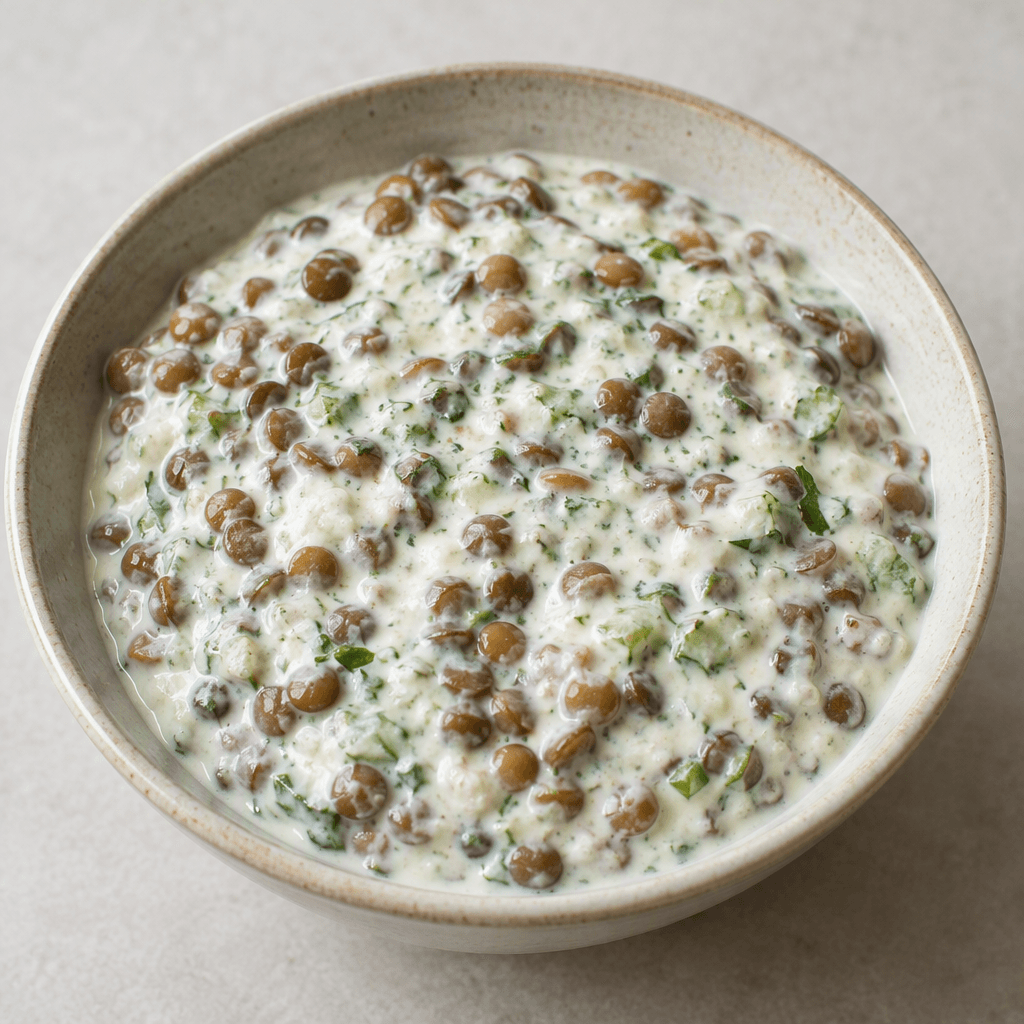 A pale creamy yogurt mixture dotted with whole brown lentils and small green flecks, served in a shallow bowl.