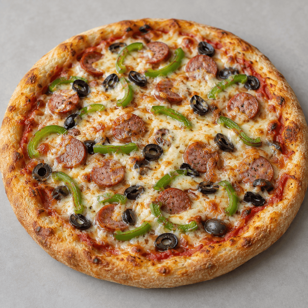 A round pizza with a lightly browned, raised crust is topped with melted pale-yellow cheese, red tomato sauce, sliced sausage, green pepper and dark olive pieces, with the toppings and cheese spread across the surface.