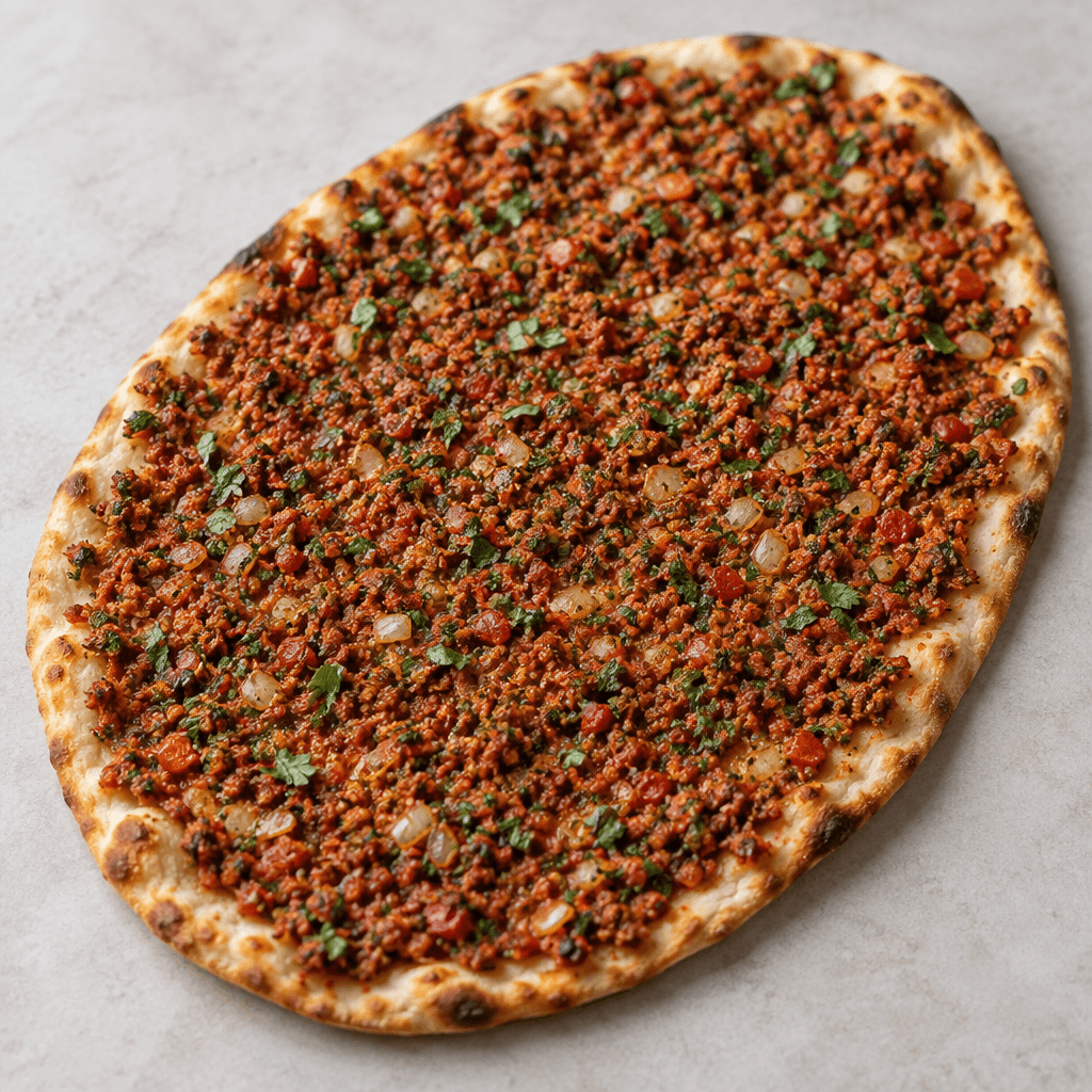 A thin, oval flatbread is covered edge to edge with a finely crumbled reddish-brown plant-based topping, with small flecks of green herbs and pale vegetables visible across its surface.