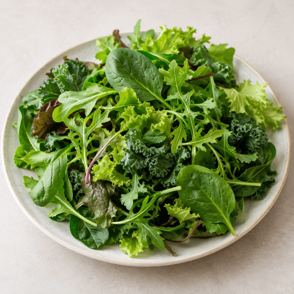 An assortment of fresh seasonal leafy greens in varied shades of green, with broad and slender leaves, delicate stems, and slightly crinkled or smooth surfaces, loosely arranged on a plate.