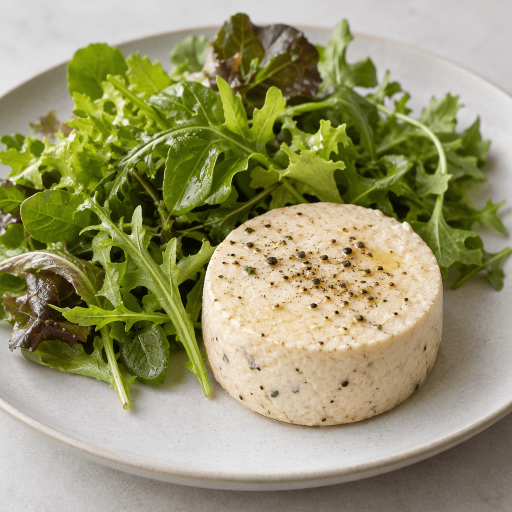 A compact, pale processed food is served beside a loose pile of fresh seasonal greens in varied shades of green.