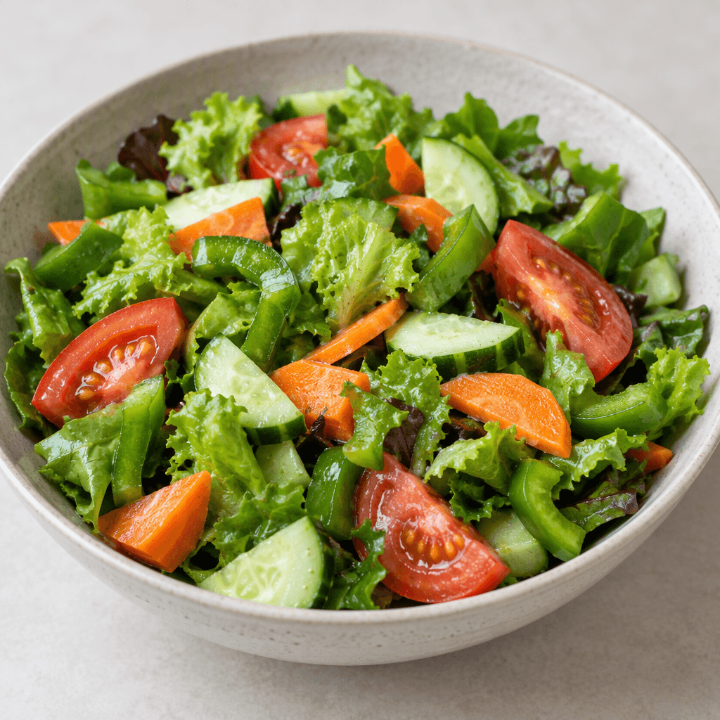 A colourful seasonal salad is served in a shallow bowl, combining crisp green leaves with visible slices of red tomato, pale-green cucumber, orange carrot and green pepper, with the vegetables cut into irregular bite-sized pieces and lightly glistening.