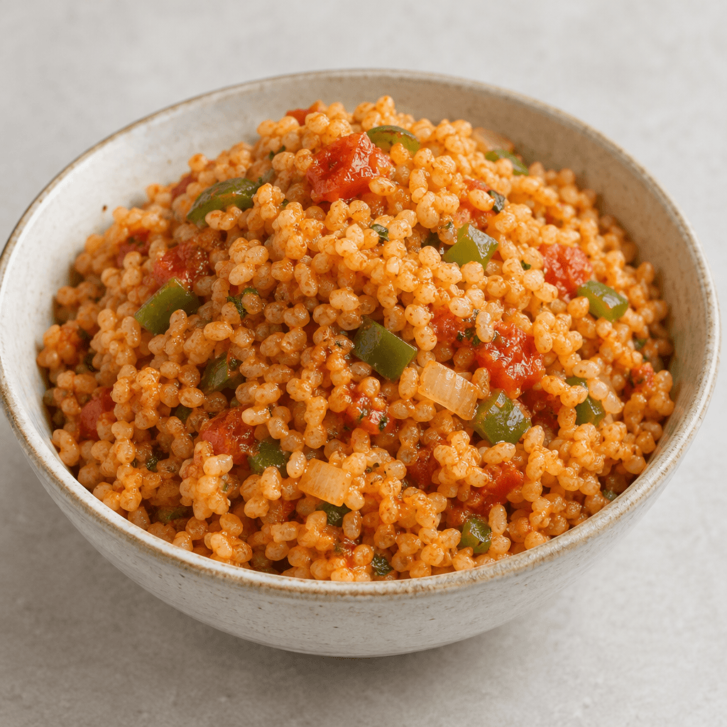 A mound of coarse bulgur grains with a reddish-orange colour, dotted with small pieces of tomato, green pepper and onion, served loosely in a bowl with a fluffy, slightly glossy texture.