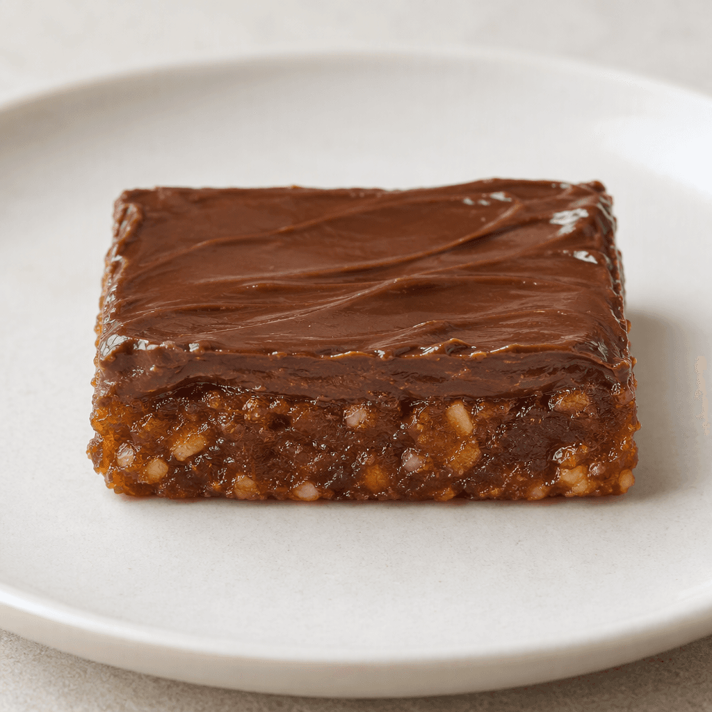 A small rectangular bar with a dense amber-brown fruit layer and a smooth, glossy dark-brown hazelnut spread layer visible across the top and at the cut edges, served whole on a plain plate.