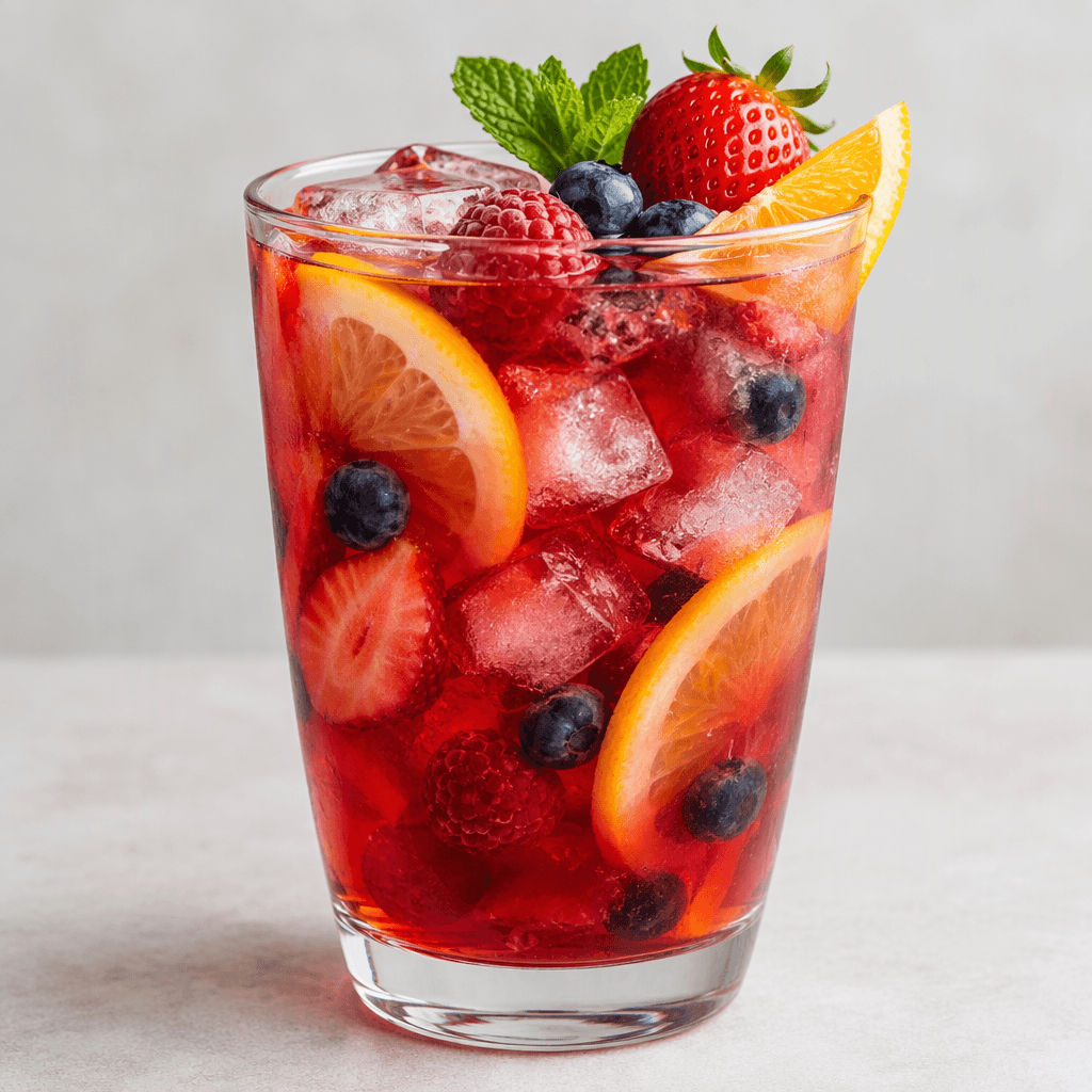 A clear glass filled with jewel-red fruit tea, visible slices of citrus and pieces of berries suspended among translucent ice cubes, with fresh fruit arranged at the rim.