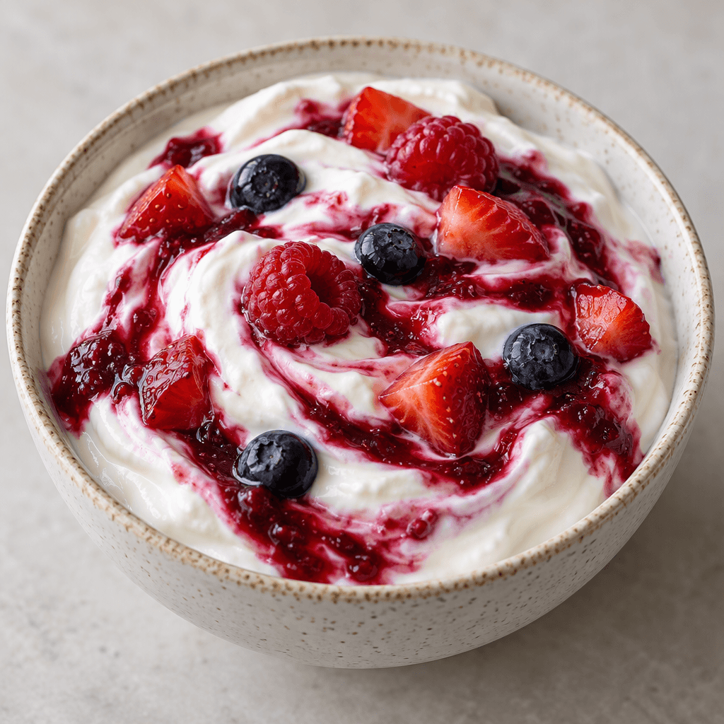 Thick, smooth white quark sits in a small bowl, streaked with bright fruit purée and dotted with small pieces of fruit.