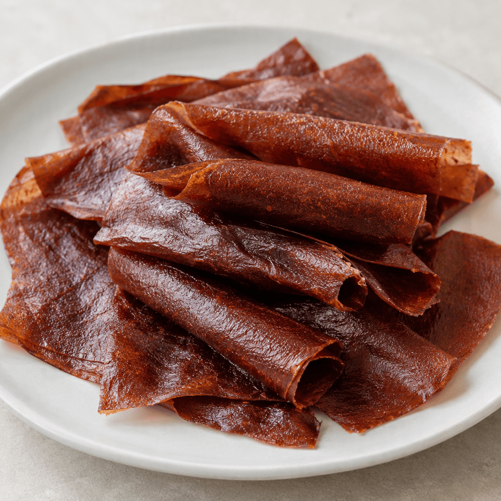 Thin, flexible sheets of dried fruit purée lie on a plate, with a slightly translucent deep reddish-brown colour, smooth leathery texture, and gently wrinkled edges, some folded or rolled into strips.