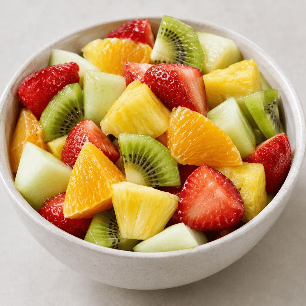 A bowl filled with colourful chunks and wedges of fresh fruit, including red strawberries, orange segments, yellow pineapple, green kiwi and pale melon, with glossy moist surfaces and varied shapes.