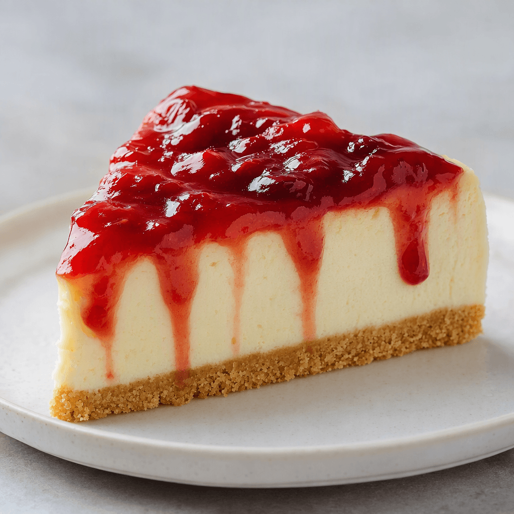 Tabakta servis edilen bu cheesecake diliminin açık renkli, pürüzsüz dolgusu altın sarısı ince kırıntılı tabanının üzerinde duruyor ve üstünü parlak kırmızı meyve sosu kaplıyor.