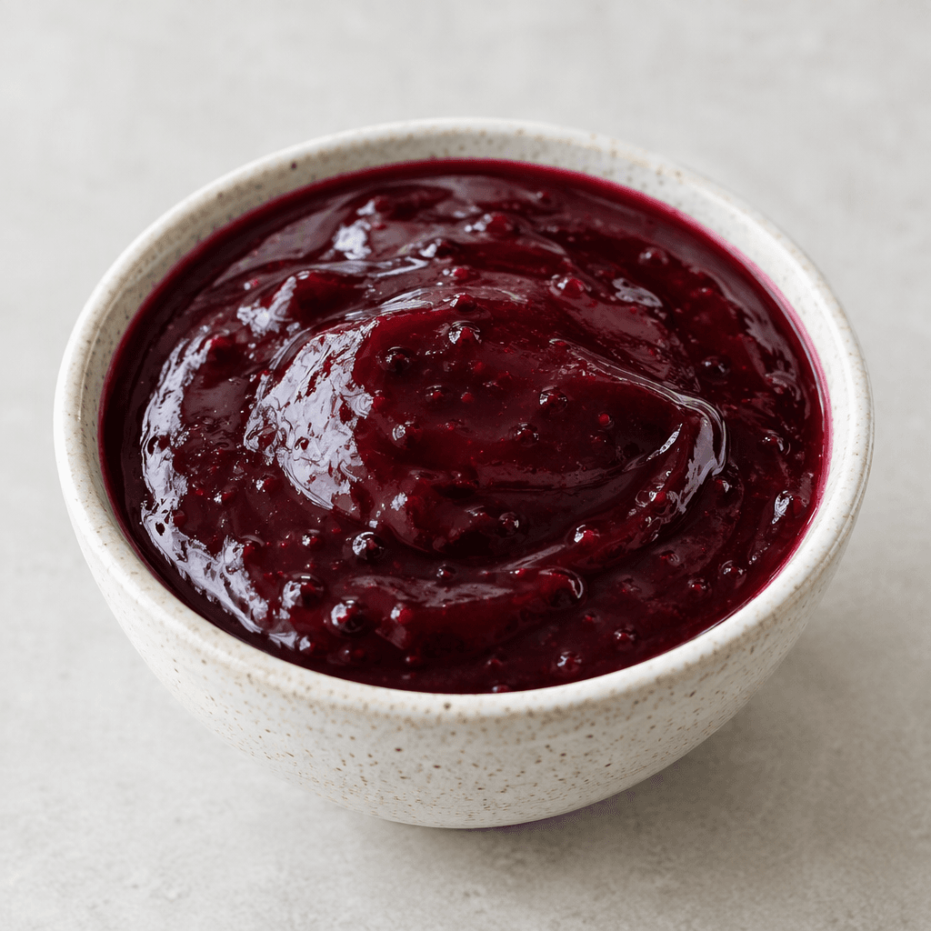 A glossy, thick fruit sauce in a small bowl, with a smooth pourable texture and a deep red to purple colour.