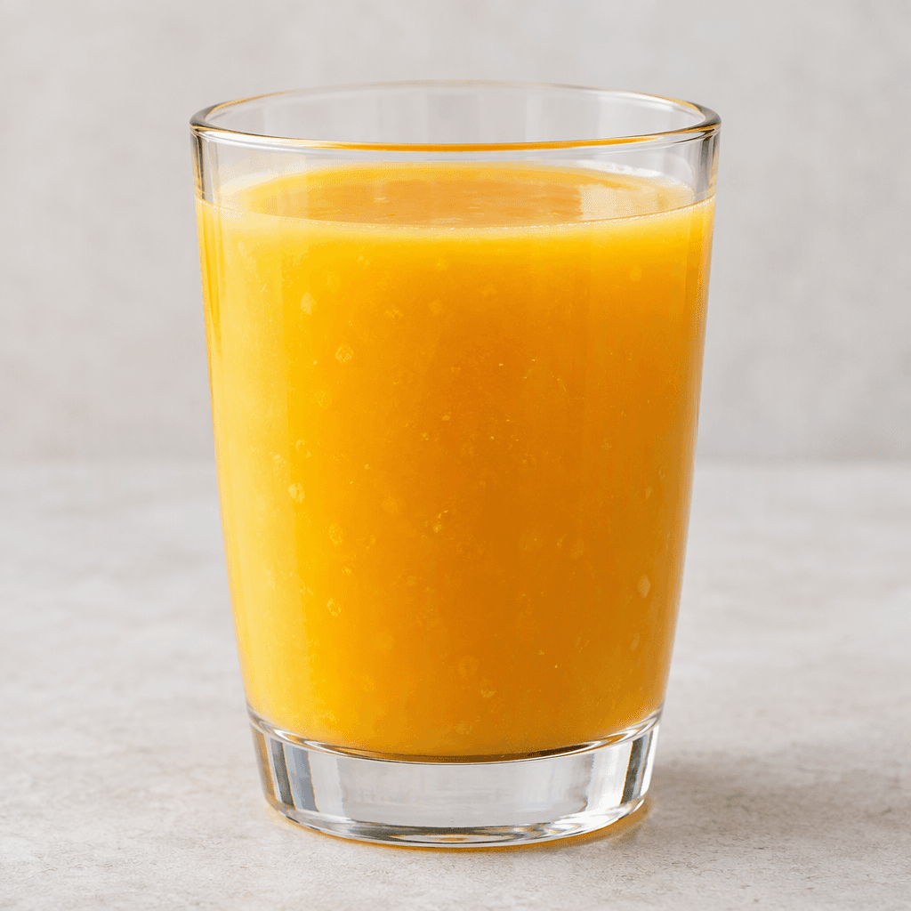 A clear glass is filled with opaque golden-orange fruit juice, with a smooth liquid surface and a few tiny pulp flecks visible inside.