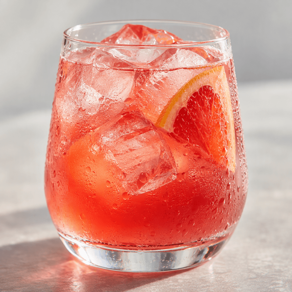 A brightly colored fruit-flavored drink sits in a clear glass, its translucent liquid catching the light around several ice cubes and a small piece of fruit.