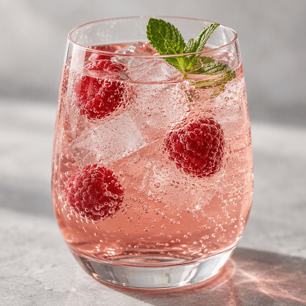 A clear, lightly fruit-tinted sparkling drink sits in a glass, with fine bubbles rising through the liquid.