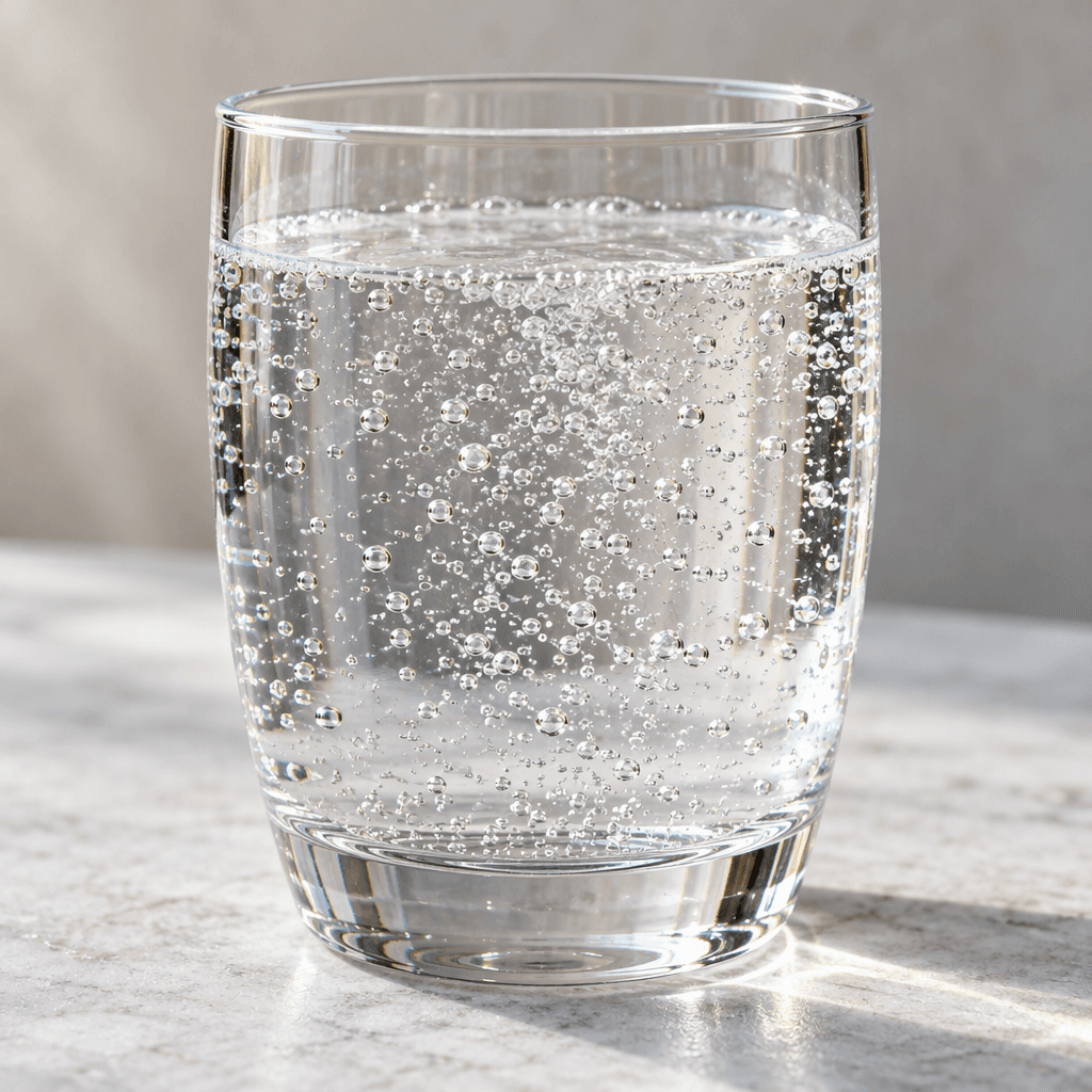Clear, colorless mineral water with fine bubbles rising through it, served in a transparent glass.