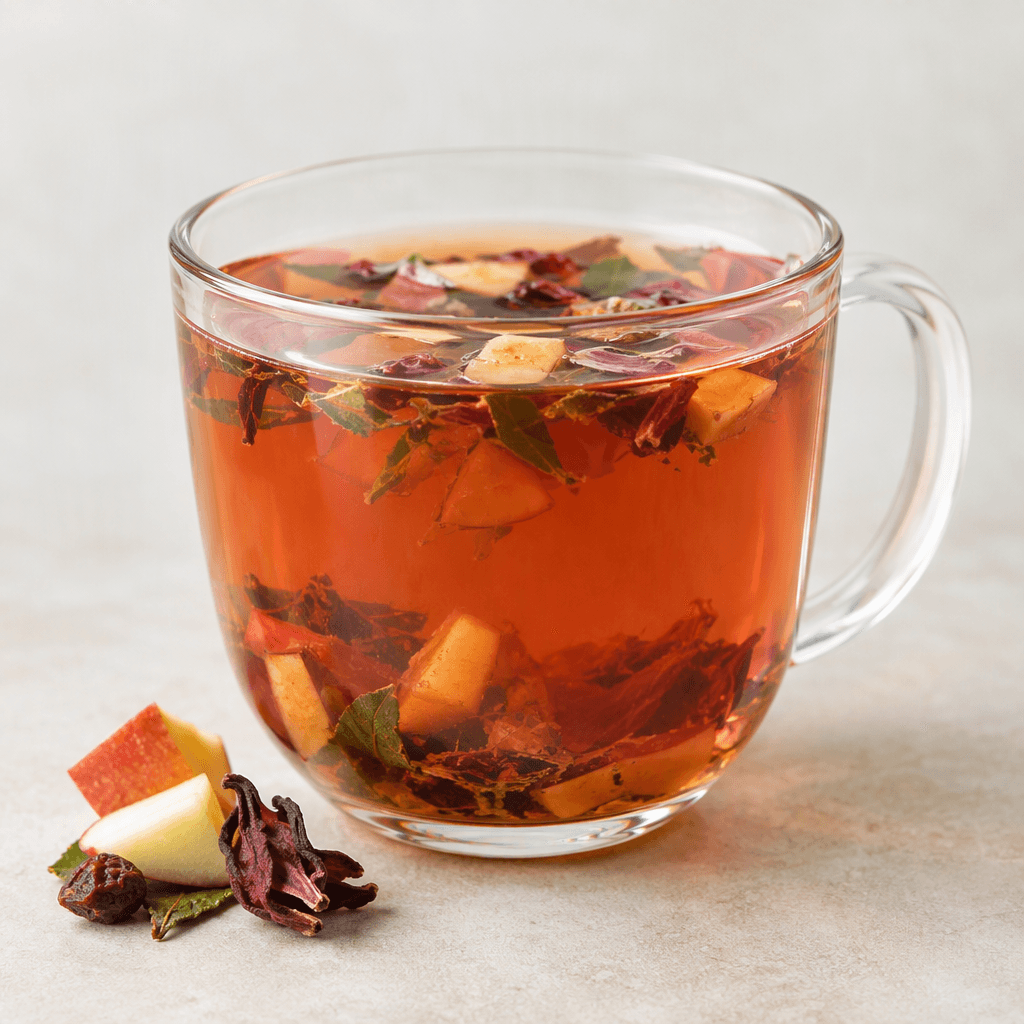A clear glass cup holds a reddish-amber herbal infusion, with small pieces of fruit and leaves visible in the tea and a few fruit pieces beside it.
