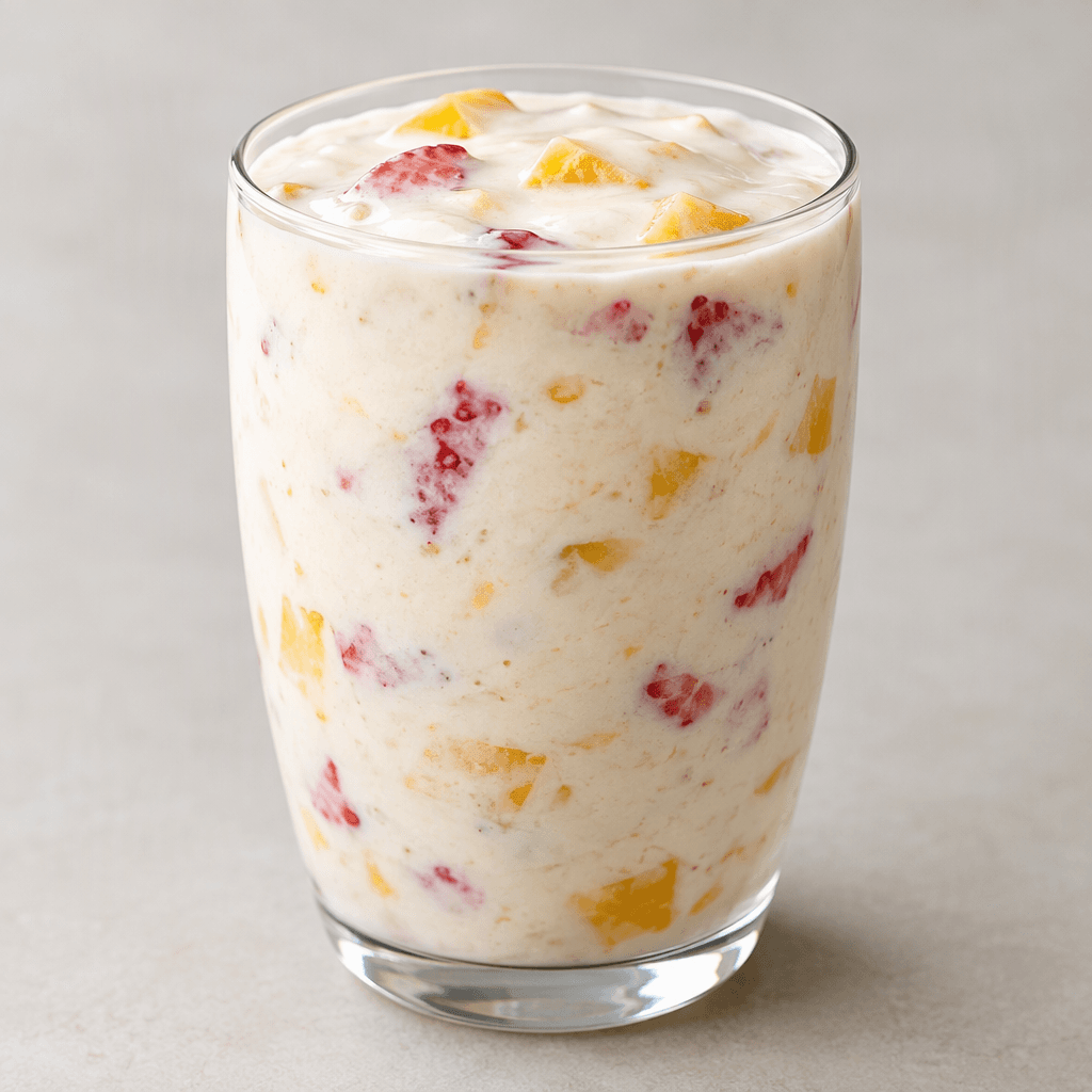 A chilled glass of thick, smooth, pale cream-colored kefir with visible swirls and small pieces of red and yellow fruit throughout.