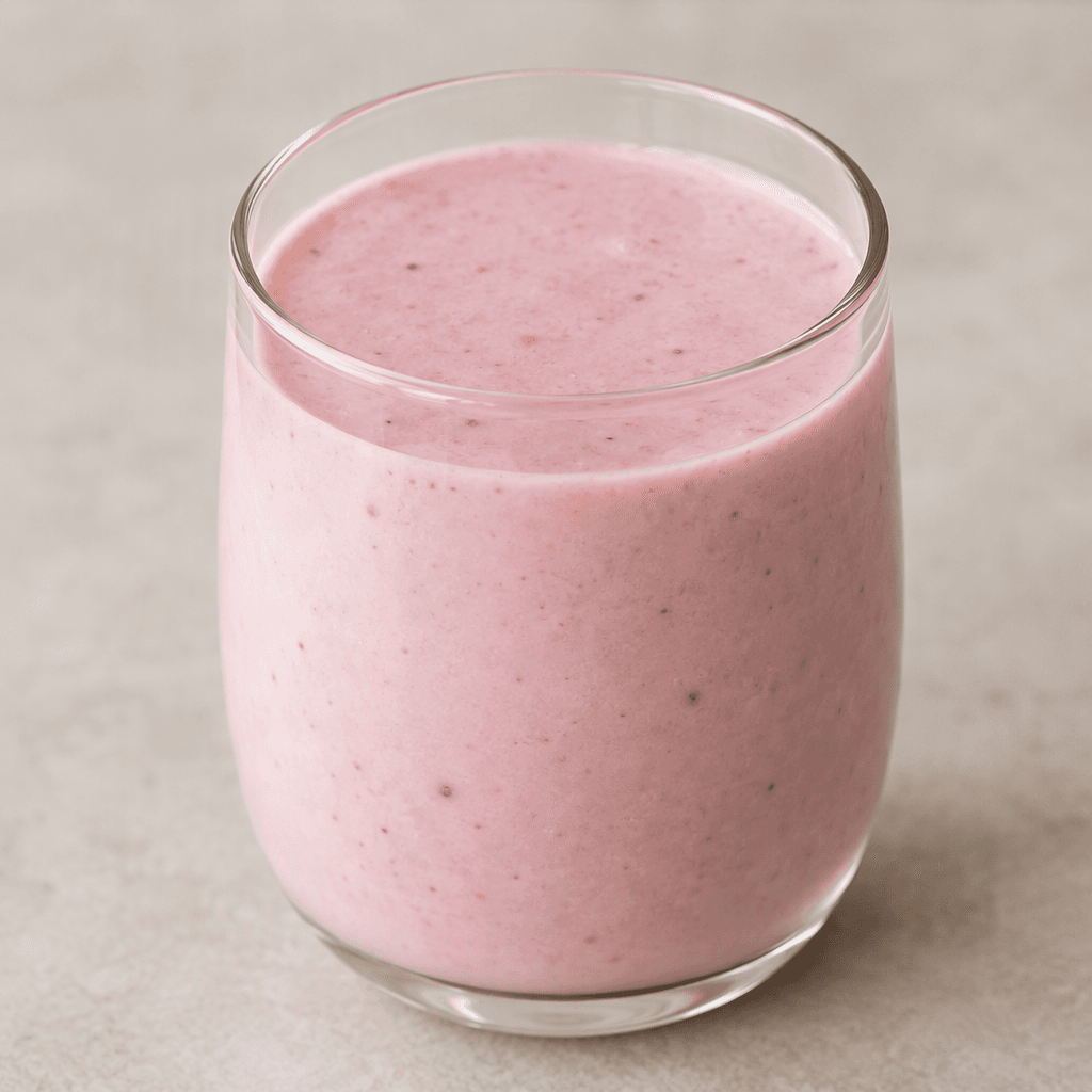 Açık pembe renkli, kıvamı akışkan ve yüzeyi pürüzsüz, hafif kremamsı görünümlü meyveli kefir.