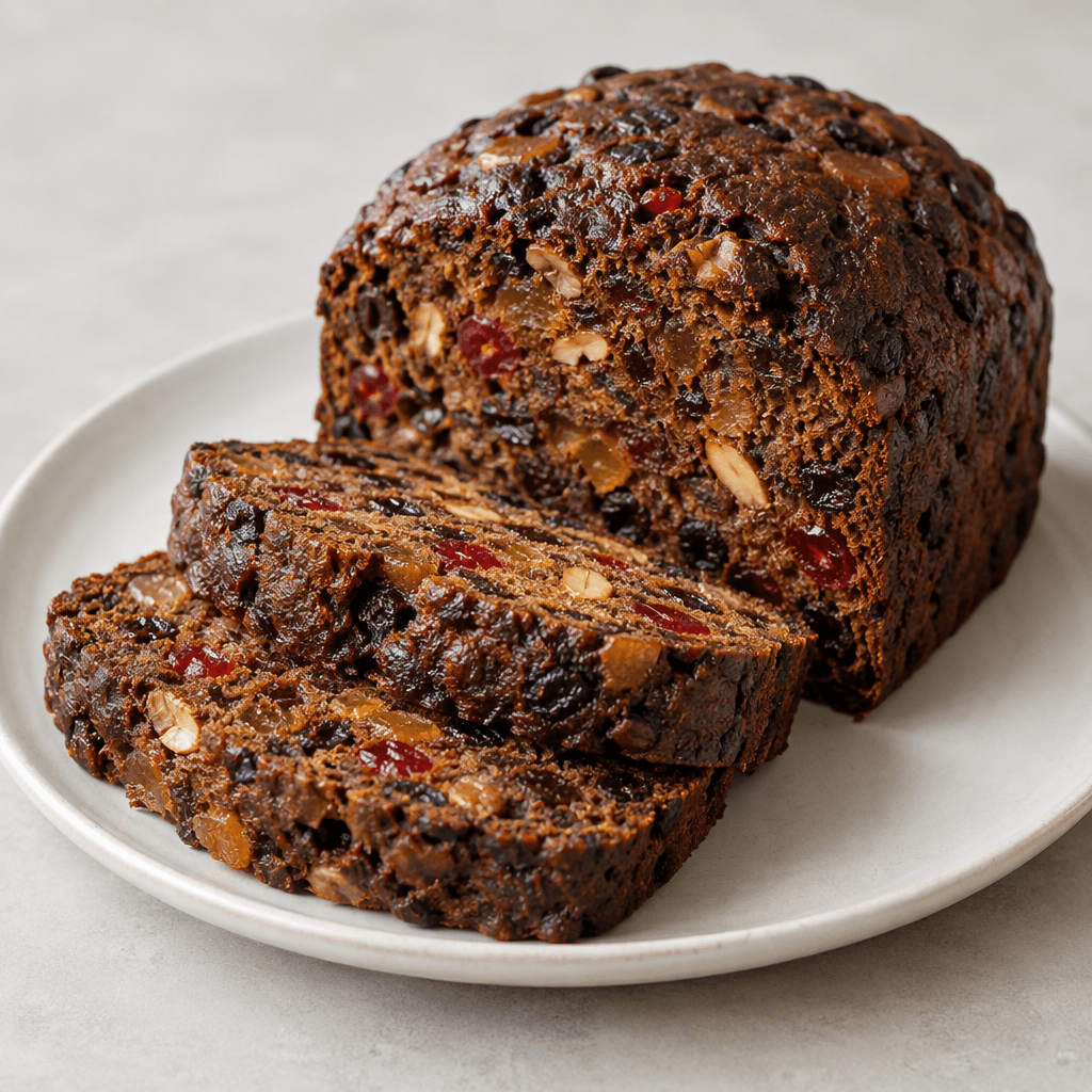 A dense, dark brown fruit cake with a rounded loaf shape, visible pieces of red and yellow candied fruit and nuts throughout the moist-looking crumb, served in thick slices on a plate.