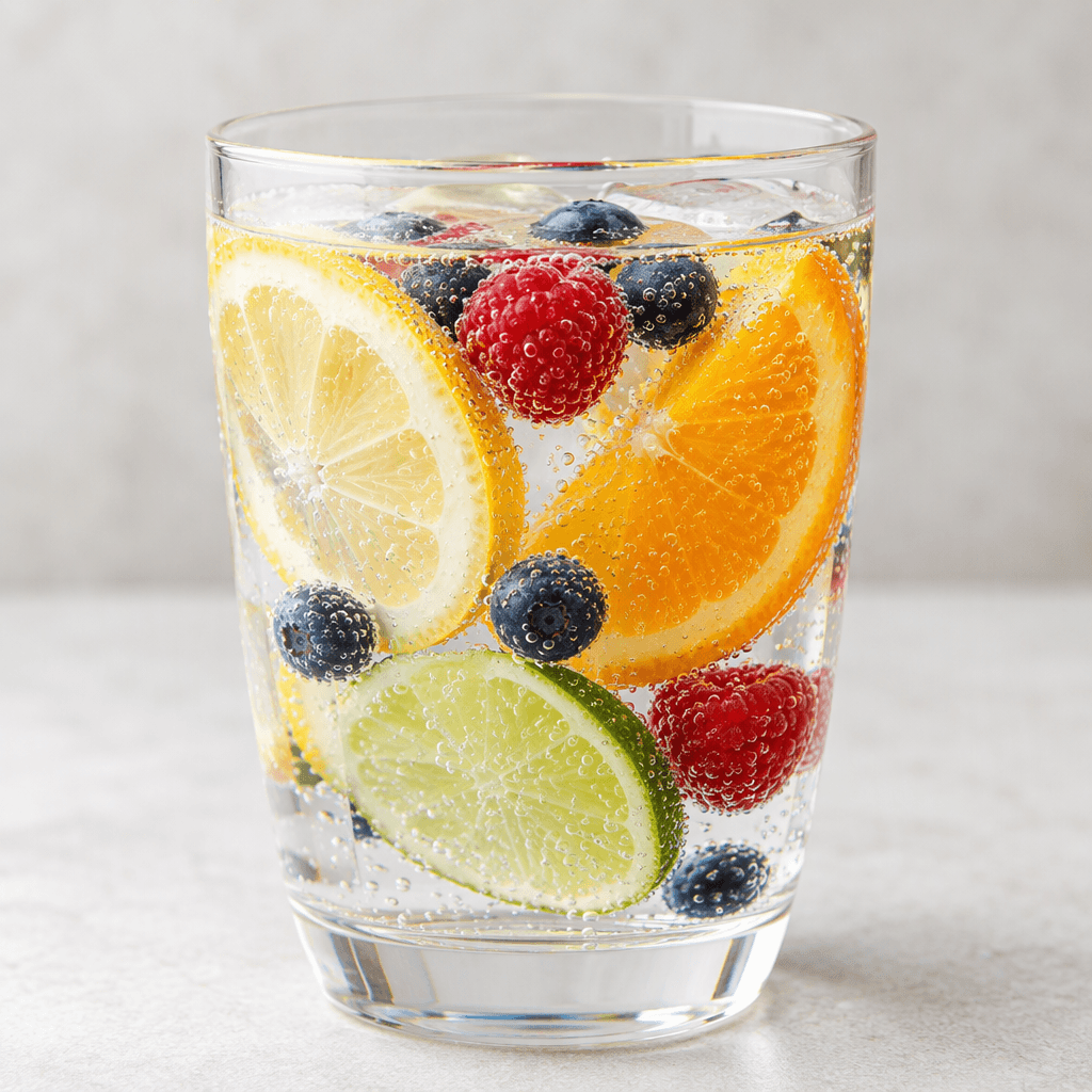 Clear, lightly sparkling water is served in a transparent glass with visible slices of lemon, lime and orange and a few small berries floating among the bubbles.