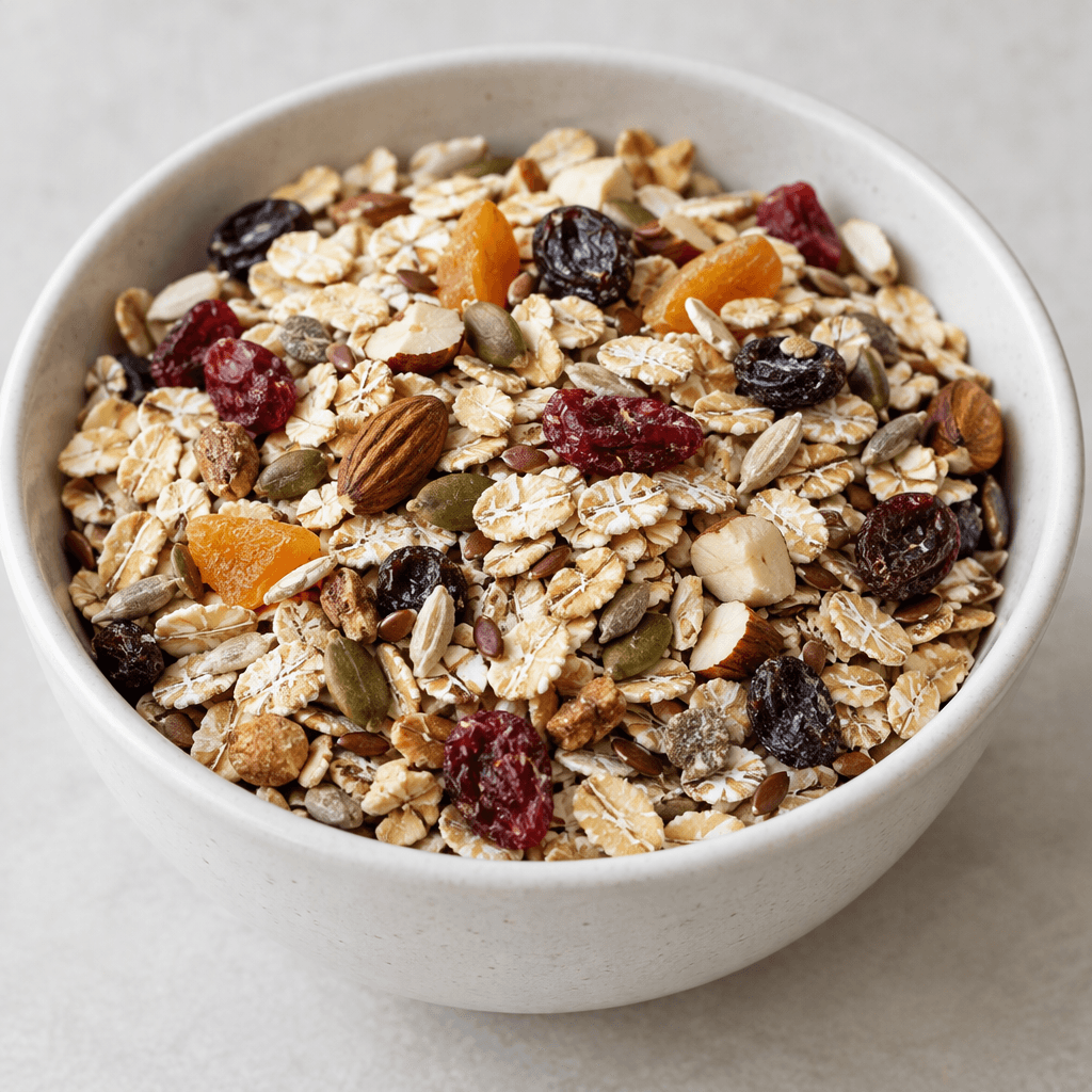 A bowl of muesli filled with pale oat flakes, scattered dried fruit pieces in red, amber and dark purple, and small nuts and seeds, served dry with a varied, coarse texture.