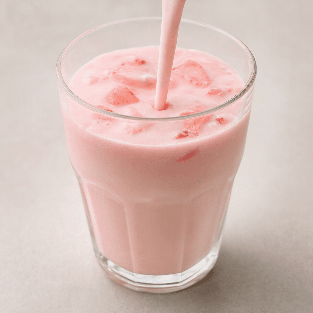 A smooth, pale pink fruit drink with a lightly creamy, opaque appearance is poured into a clear glass, with a few small fruit pieces visible near the surface.
