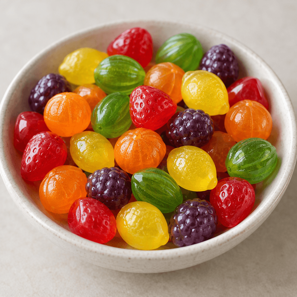 An assortment of small, glossy, translucent hard candies in bright red, orange, yellow, green, and purple, with rounded fruit-like shapes and smooth surfaces, scattered in a shallow dish.