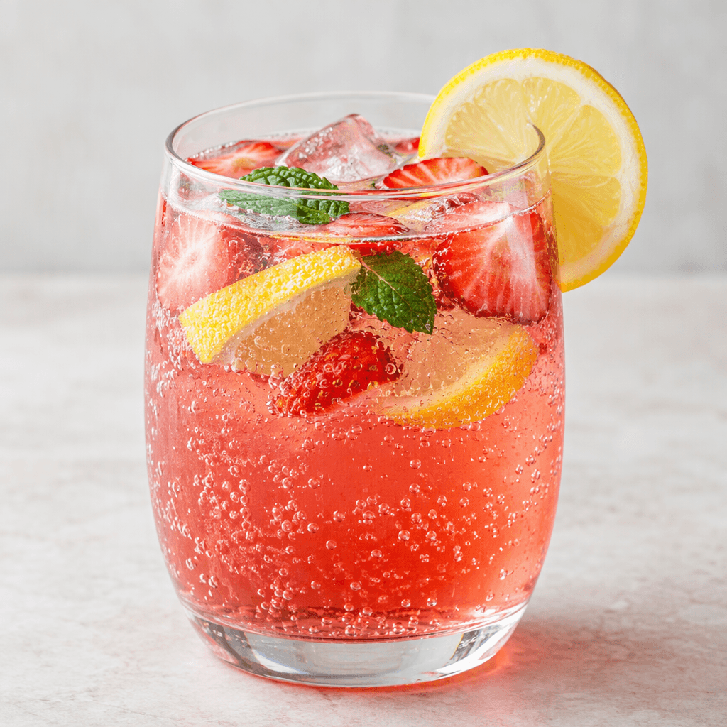A clear, brightly colored carbonated fruit drink served in a transparent glass, with visible bubbles rising through the liquid and small pieces of citrus or other fruit floating near the surface, sometimes accompanied by ice cubes and a fruit slice on the rim.