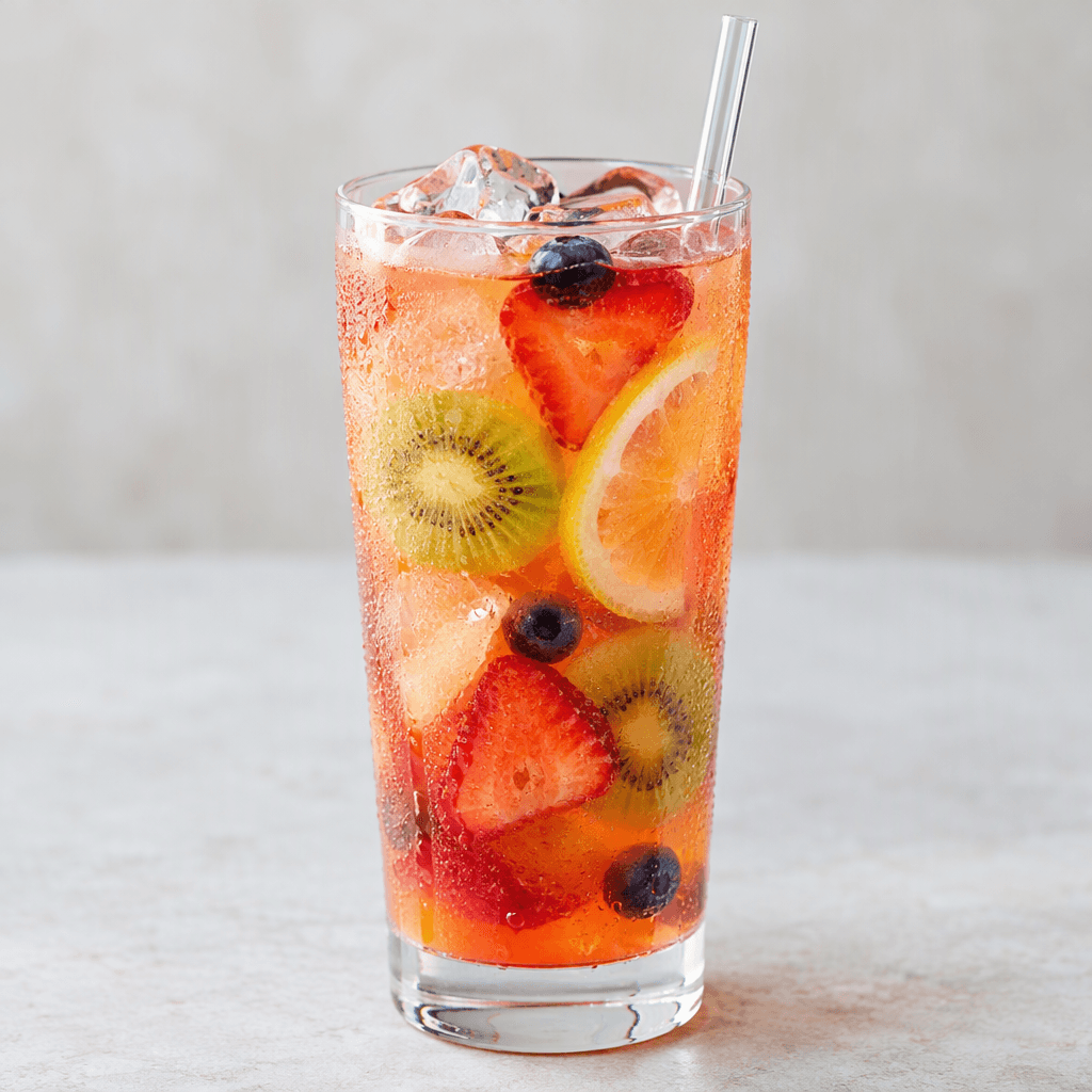 A tall clear glass holds a brightly colored, translucent fruit drink with visible fruit pieces and ice cubes, a thin straw, and condensation on the outside.