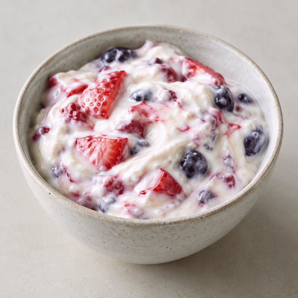 Thick, creamy yogurt in a small bowl, white to pale cream with visible pieces of red and purple fruit and small streaks of fruit syrup throughout.