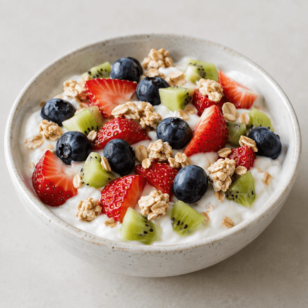A shallow bowl holds thick white yogurt topped with visible pieces of red strawberries, blue-purple blueberries, and small green kiwi cubes, with a few pale beige oat clusters scattered across the surface.