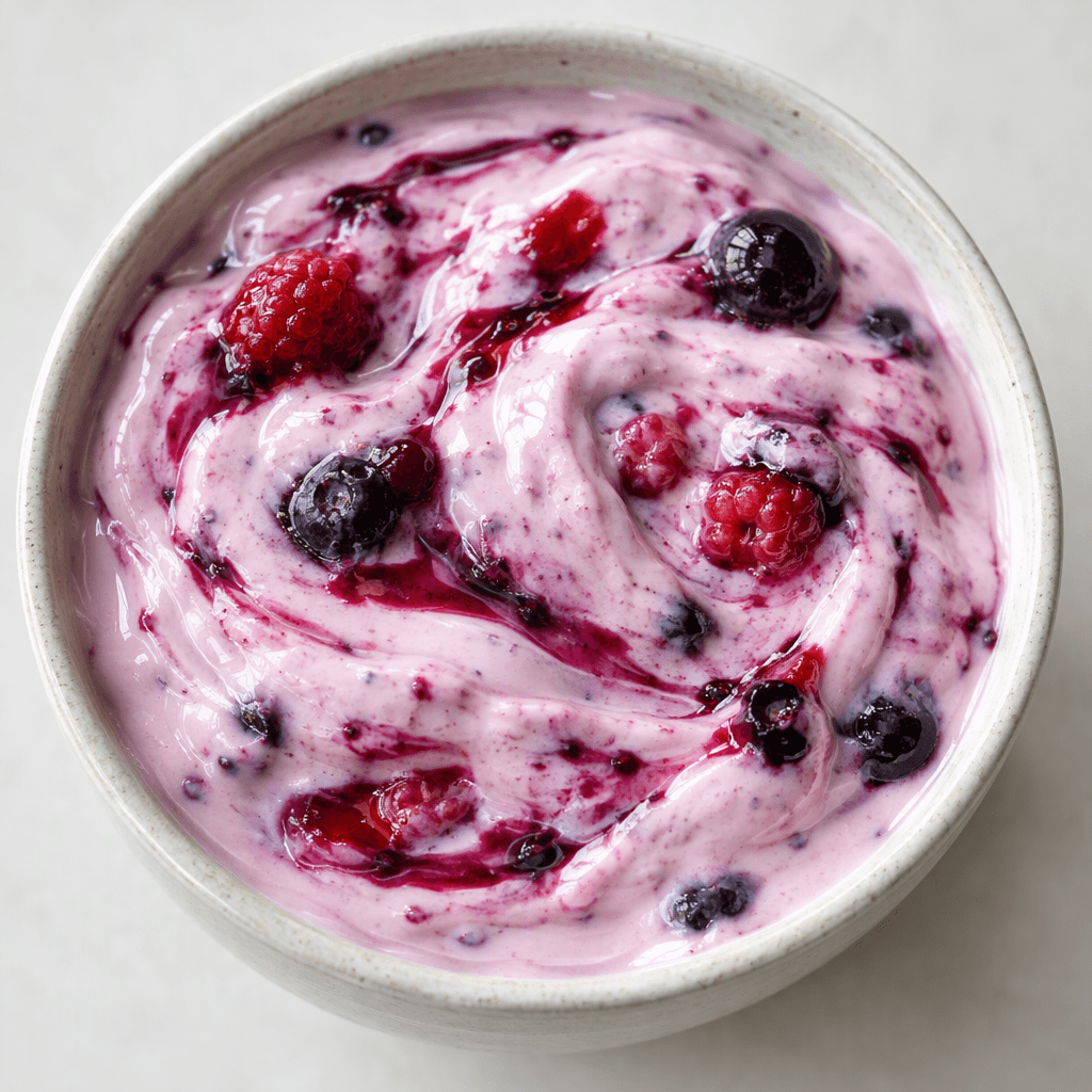 Thick, smooth yogurt with a pale pink-to-purple colour, visible red and dark berry pieces, and glossy streaks of berry purée throughout.