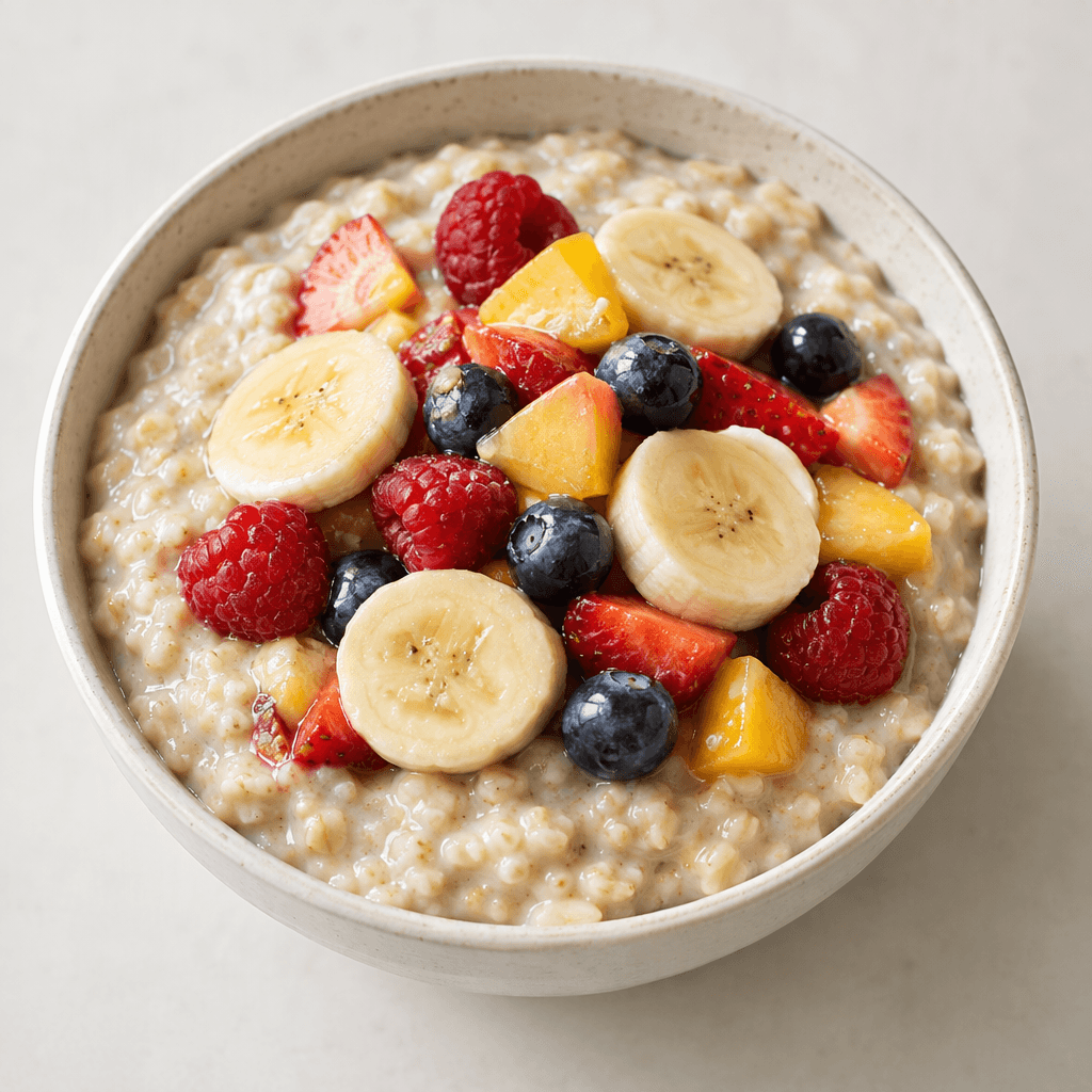 A bowl of thick, creamy beige oatmeal porridge topped with visible banana slices, red berries, and small pieces of fresh fruit, with a soft, slightly lumpy texture and a glossy surface.