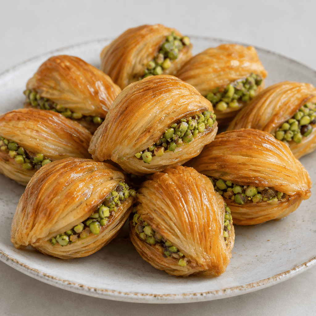 Small, plump shell-shaped pastries made from tightly layered, ridged golden-brown filo, with green pistachio filling visible along the opening and a light syrup sheen, arranged closely on a serving plate.