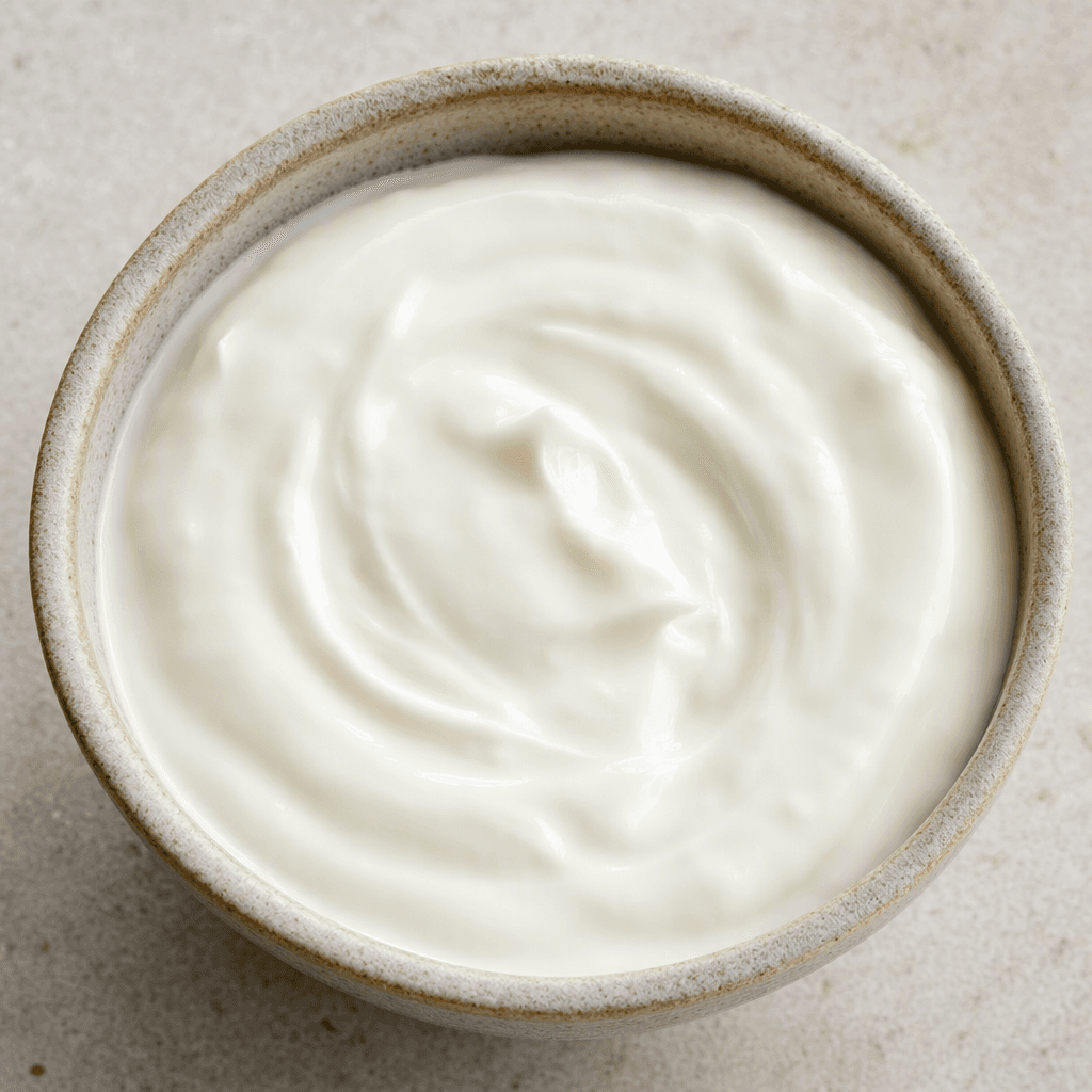 Smooth, glossy white yogurt with a soft, creamy texture sits in a small bowl, its surface gently swirled.