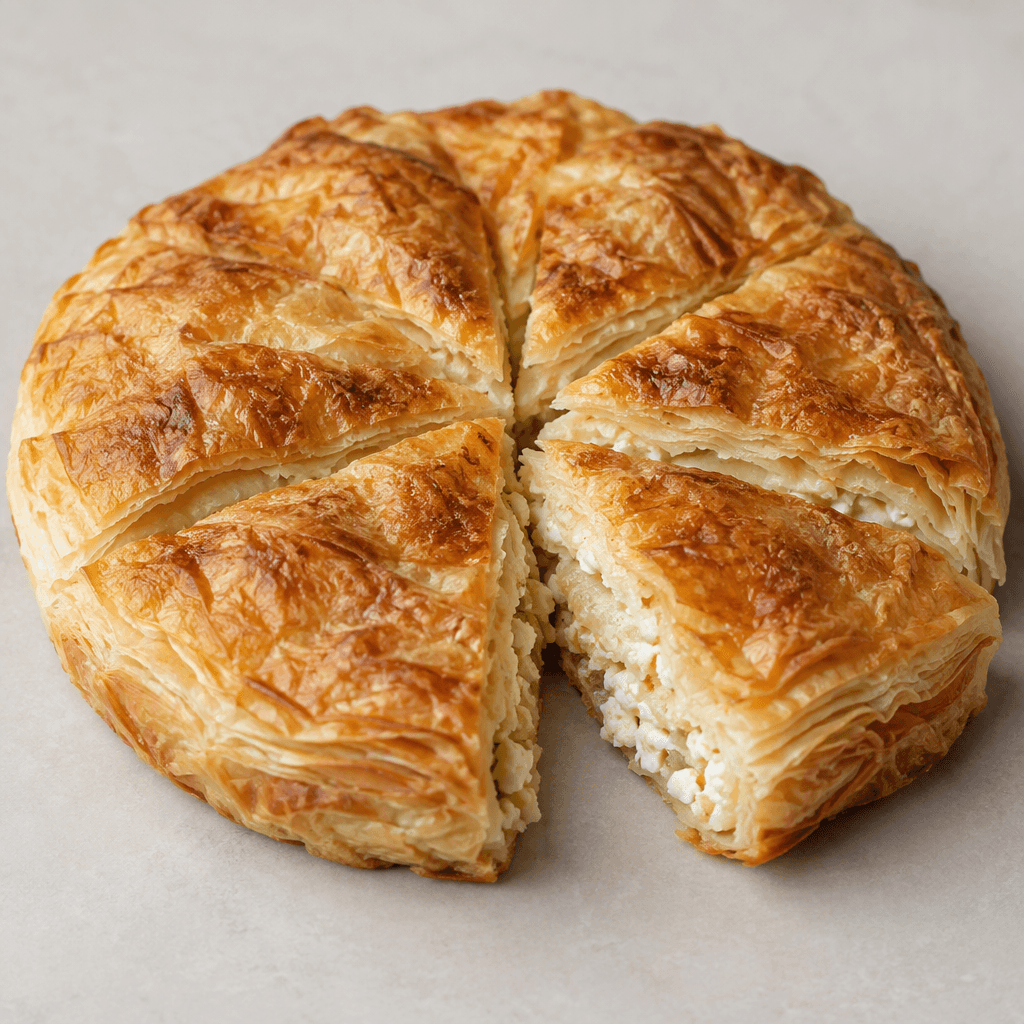 A round, golden-brown layered pastry is cut into wedges, with thin flaky sheets and a pale, crumbly filling visible at the cut edges.