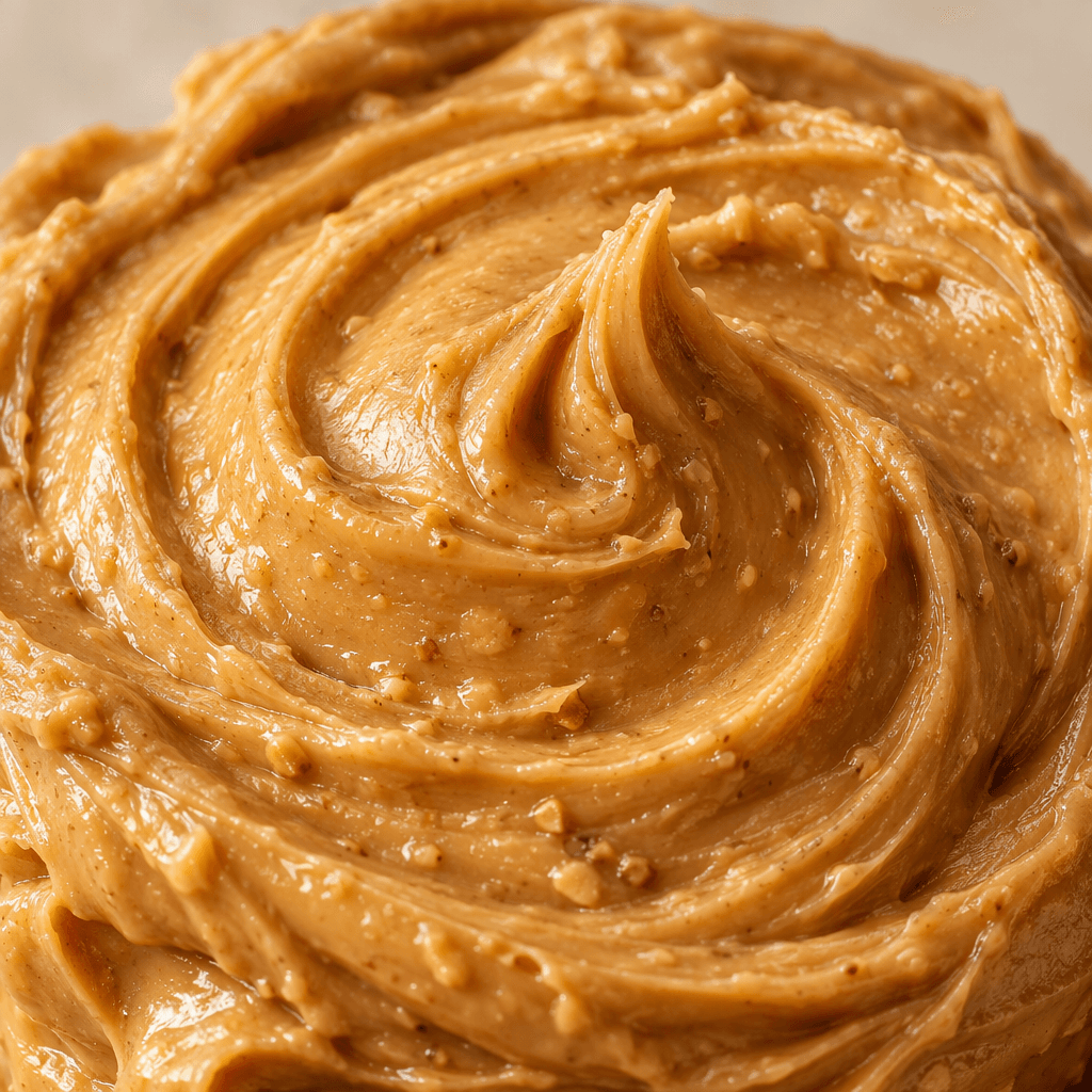 A thick, creamy, warm golden-brown spread with a slight sheen and fine peanut flecks, formed into a soft swirl.