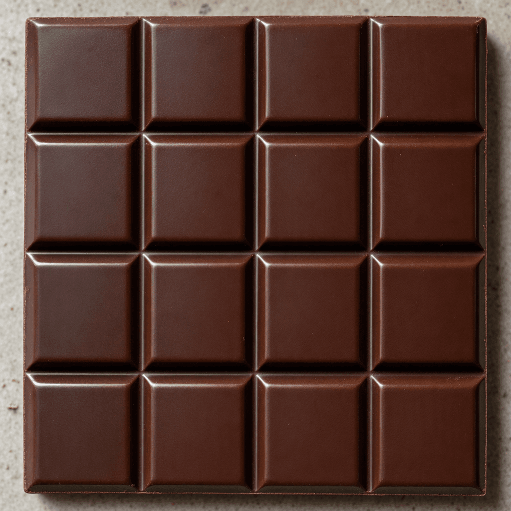 A dark brown chocolate bar divided into neat rectangular squares, with smooth, slightly glossy surfaces and clean edges.