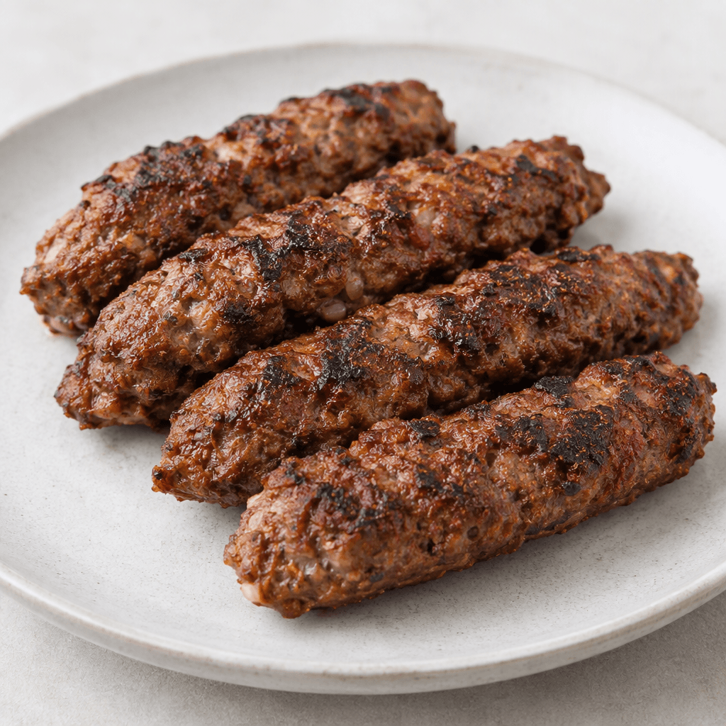 A few elongated, slightly irregular pieces of minced beef and lamb kebab, browned on the outside with darker grilled patches and a coarse, reddish-brown texture, arranged on a plate.