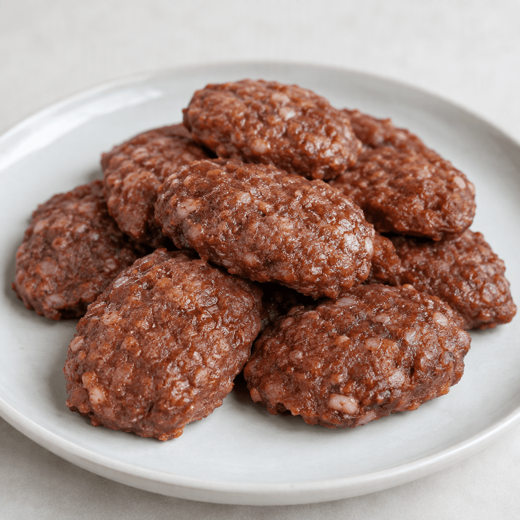 Small, flattened oval meatballs made from finely minced reddish-brown meat, with a slightly coarse, moist surface and a few pale flecks, arranged together on a plate.